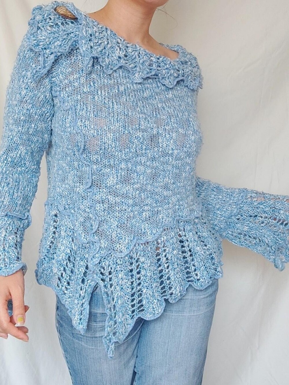 Light Blue Knitted Ruffled Relaxed Y2K Sweater